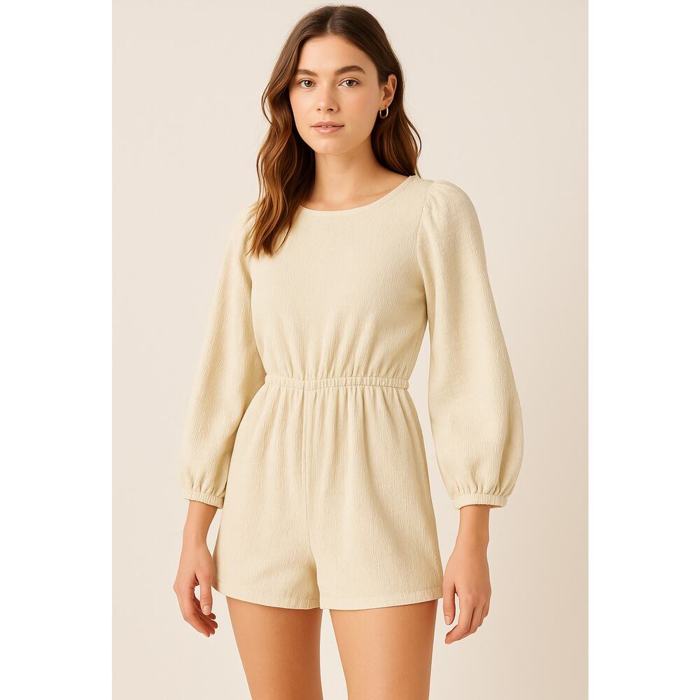 Textured Cream Long Sleeve Romper Women’s Large Puff Sleeve Keyhole Back Dressy